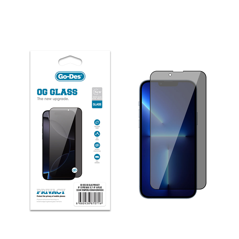 Go Des OG Glass iPhone 14 Plus Privacy Antistatik Temperli Cam Ekran Koruyucu Go Des OG Glass iPhone 14 Plus Privacy Antistatik Temperli Cam Ekran Koruyucu